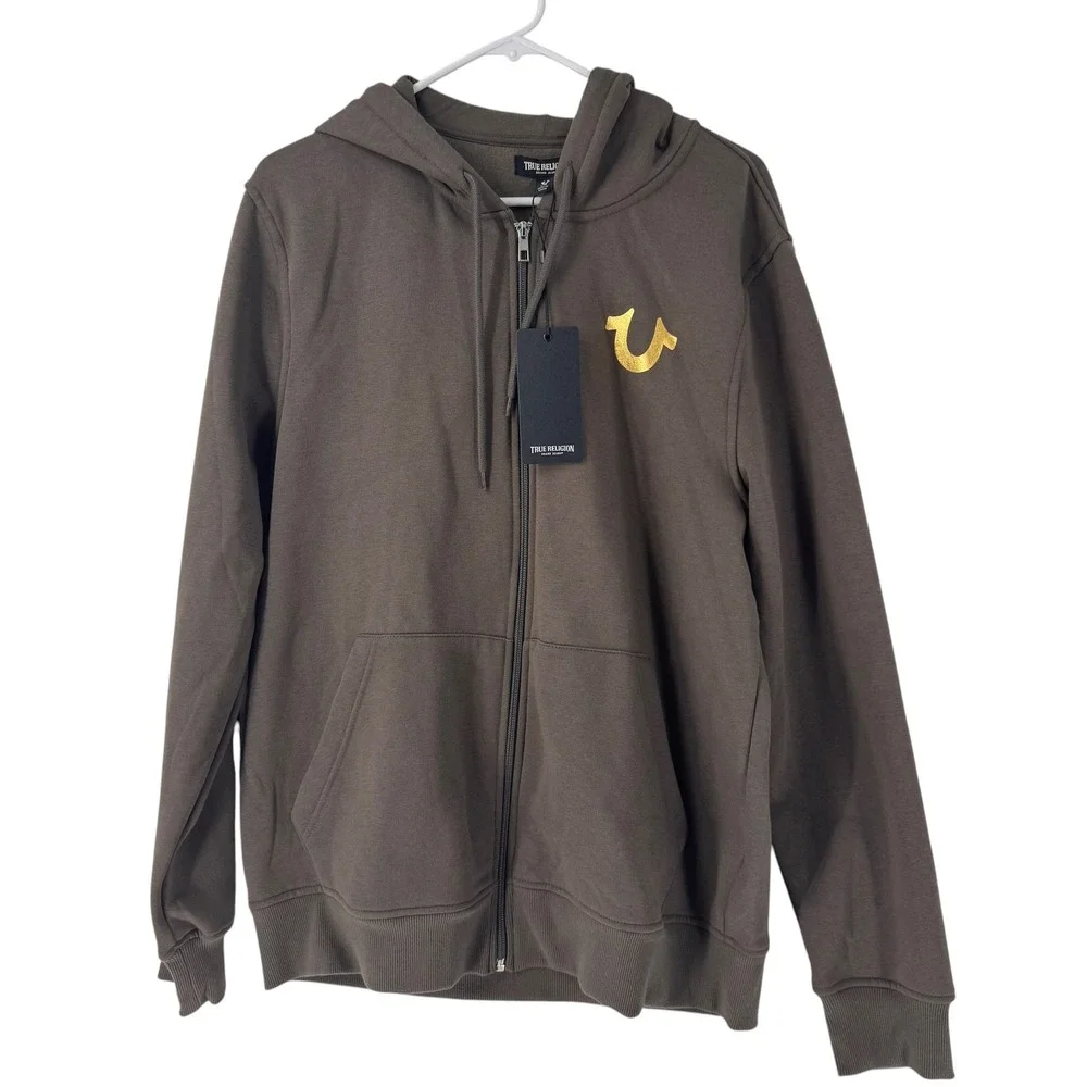 True Religion Mens Major Brown Gold HS Buddha Foil Zip Hoodie 700907 L NEW